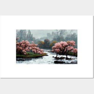 Cherry Blossom Trees by the River Oil Painting Posters and Art